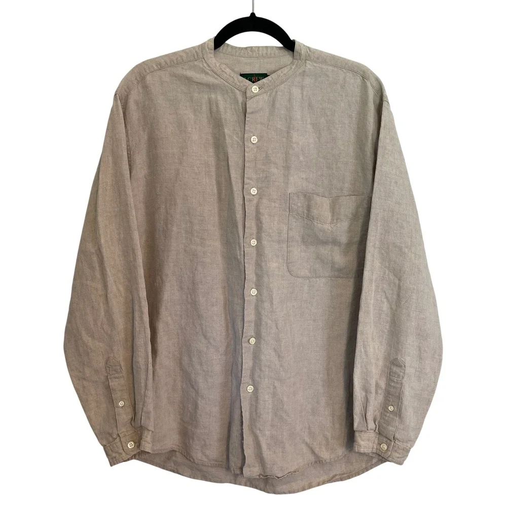 J Crew Mens Medium 100% Linen Band Collar Button Down Shirt Oatmeal Vintage
